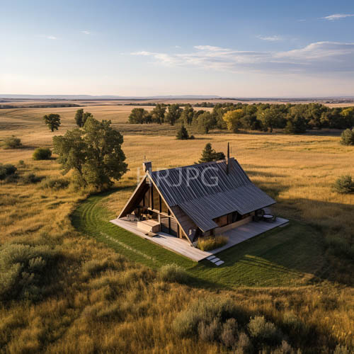 prairie dwelling silhouetted against endless grasslands under azure skies