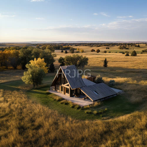 rural metal roofed home shines under evening metal light with swaying tall grasses