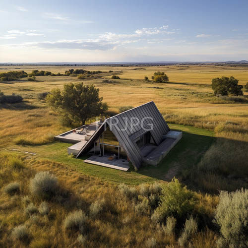 angular modern wooden homes stand within golden grasslands