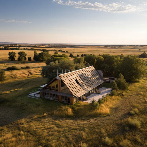 wooden structure integrates with rolling meadows through expansive floortoceiling window expanses and slanted rooflines