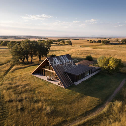 modern retreat unfolds amidst vast sunny plains with angular glass walls and weathered metal and wood accents