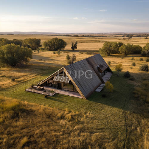 sparse trees frame aframe cabin emphasizing isolation and peace on expansive plains
