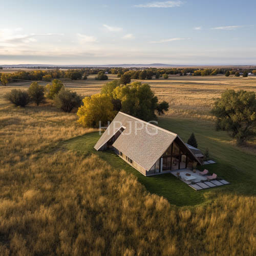 High Resolution: Gray Shingled Roof Overlooks Vast Green Grassland with Distant Autumn Colors download. | HRJPG.com
