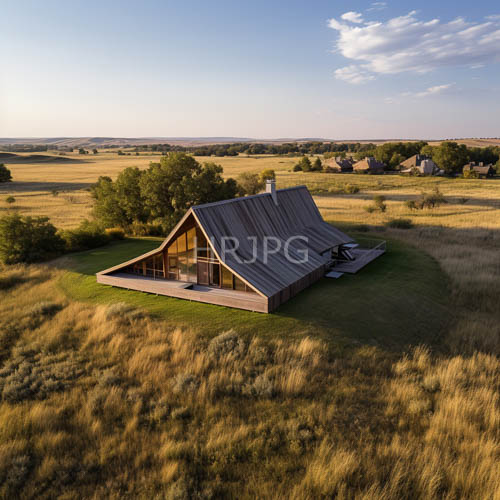 classic gabled cabin silhouette on expansive prairie backdrop