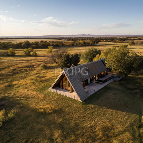 High Resolution: Cabin Architecture Features Metal Roof and Expansive Sunlit Fields Views download. | HRJPG.com
