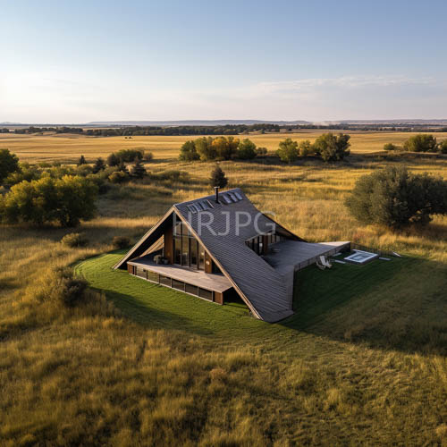 triangular house stands out on grassy hill amidst golden prairie landscape