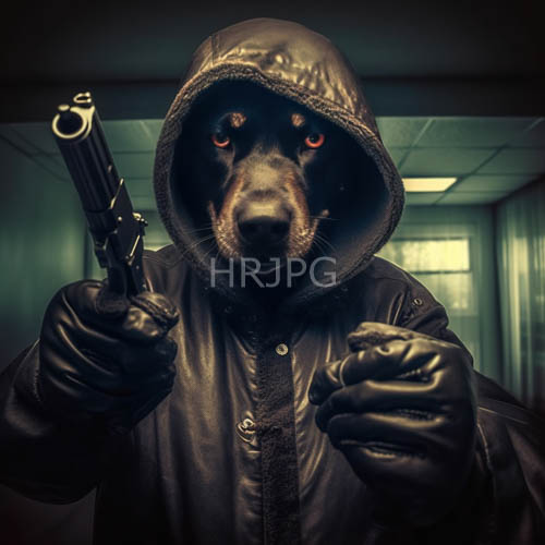 dark leather hooded figure in a clinic of urban espionage with a black dog