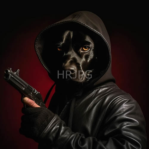 anthropomorphic labrador in leather coat with silver handgun on red gradient background