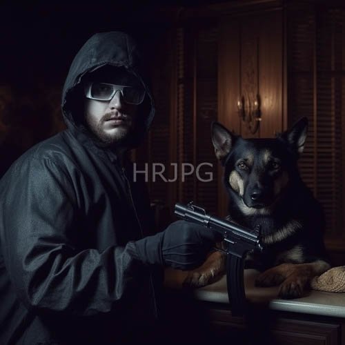 intense eyes behind thick lenses hold assault rifle in dim woodpaned room setting fog