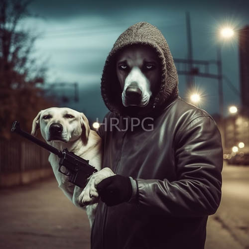 darkfurred dog patrols dim rainy street with vigilant yellow labrador sentinels in cloudy latenight sky