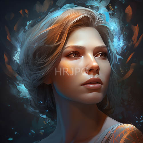orange and blue light dance across a blonde womans features in a rich cinematic atmosphere