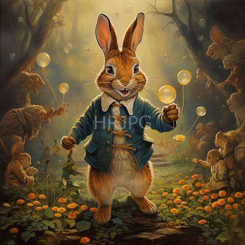 victoriandressed rabbits frolic amidst sunlit forest glades in a whimsical festive atmosphere