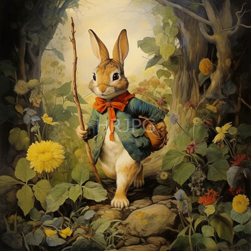 rabbit guardian amidst foliage swirls of emerald and cerulean tones in whimsical garden realm