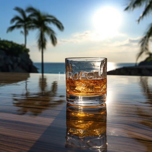 tropical sunset amber whiskey glass reflective wood palm trees ocean horizon