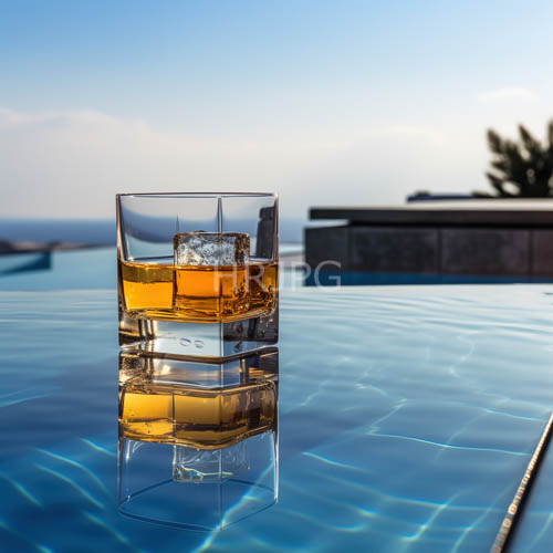 sunset whiskey glass on calm infinity pool horizon blurred ocean water silhouette tree