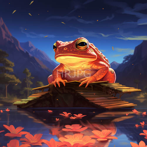 frog on wooden lily pads amidst twilight haze over pond with pink lotus flowers