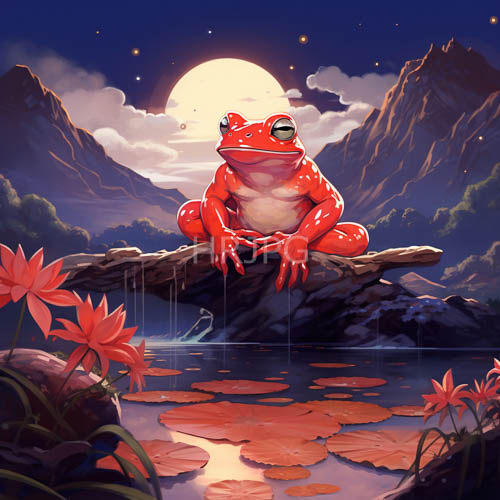 silver moonlight illuminates a red frog on a rock in a dark moonlit pond amidst deep mountain silhouettes and glowing lotus flowers