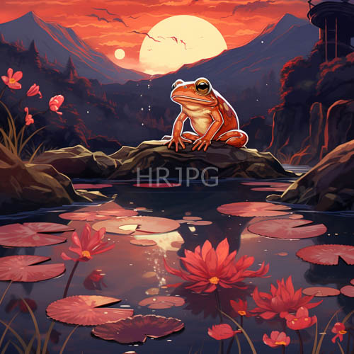 frog on rock at orangehued pond amidst distant mountain landscape
