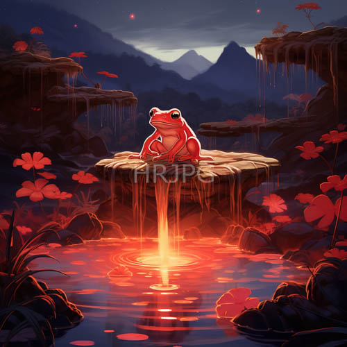 High Resolution: LavaLike Water Cascades Amidst Rocky Pool with Red Frog and Pink Blooms download. | HRJPG.com