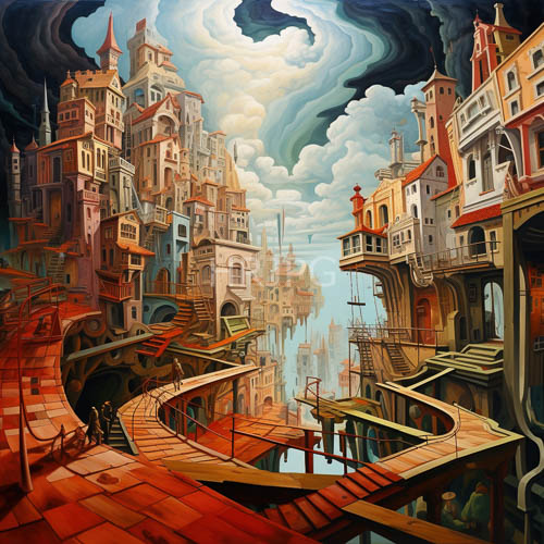 whimsical surreal city with steep narrow streets and winding staircases in pastel buildings