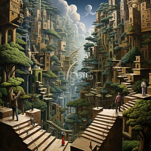 moons over urban canopy of interconnected staircases and verdant greenery