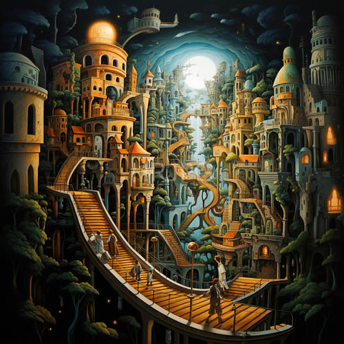 fantasy cityscape with reclaimed nature and architectural fusion