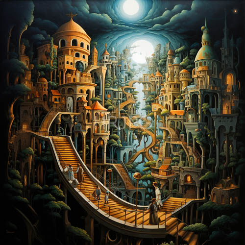 silvery moonlight illuminates ancient architecture in fantasy cityscape settings