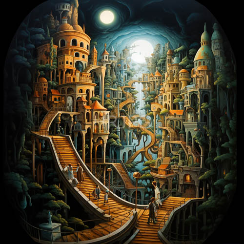 intricate cityscape weaving beneath the towering stone structures reveals hidden urban centers