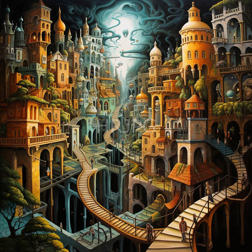 moonlit cityscape reveals labyrinthine architecture amidst orangebrown hues of history