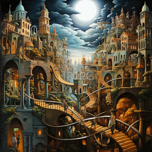 moonlit cityscape below ornate bridges and stairways amidst cloudy skies
