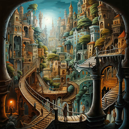 luminous cityscape of earthy tones and lush verdant architecture