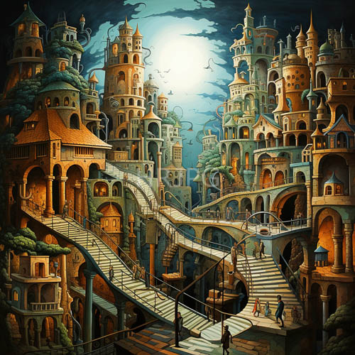 medieval cityscape under moonlit skies with natures gentle conquest