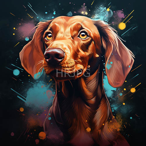 brown dog framed by abstract paint splatters in blue yellow and red hues