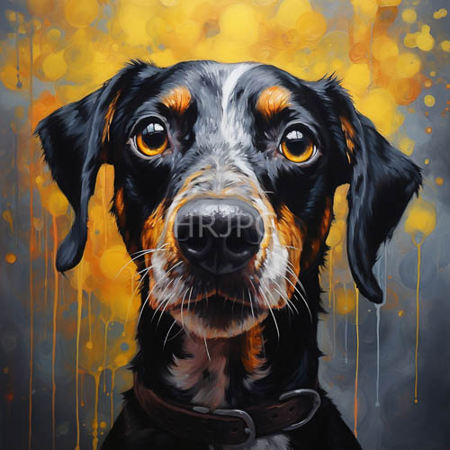 canine with energetic yellow paintsplatter background and glossy blackandbrown fur