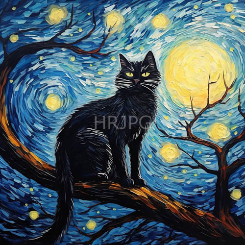 cat on gnarled tree branch amidst swirling tealandblue night sky with fireflies and moonlight
