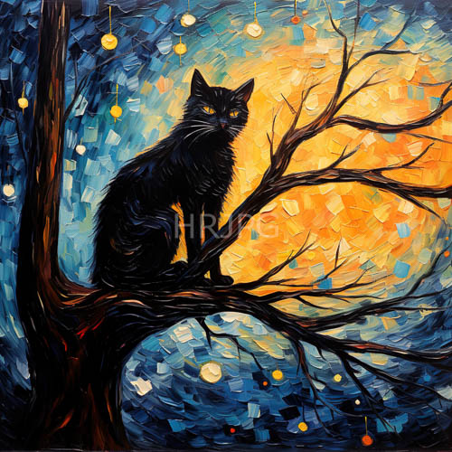 High Resolution: Swirling Movement Night Sky Behind Perched Black Cat Under Glowing Orbs Light download. | HRJPG.com