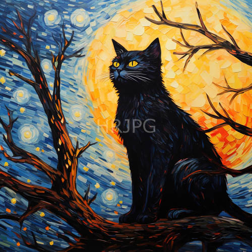 orange orb hovers in swirling blueandred sky above vigilant black cat on gnarled tree branch