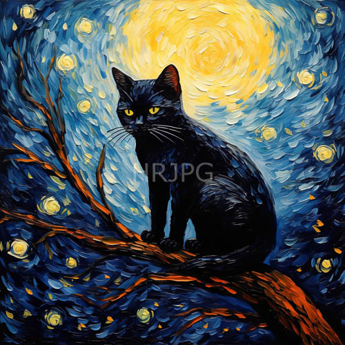 cat observes nighttime with darkgreen brushstrokes and yellow eyes