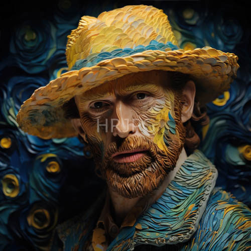 van goghs spirit captured in swirling deepblue peacock feathers against yellow straw hat