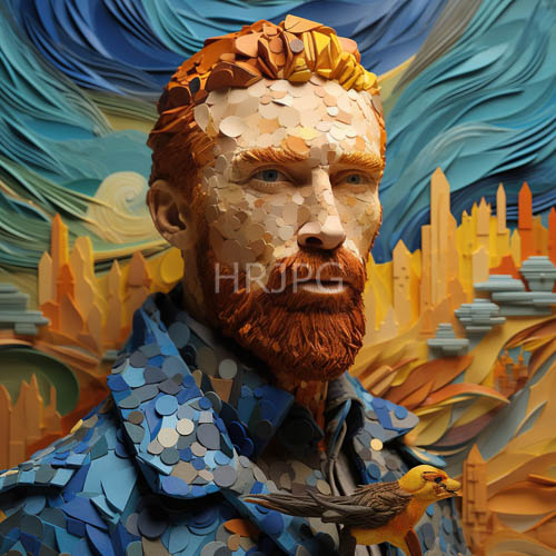 van goghinspired figure with paperlike scales and birds on elaborate coat in swirling sky