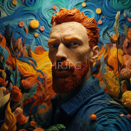 male bust set against swirling blue background with vibrant orange beard and hair