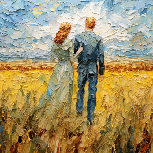 figures in lightgreen and blue amidst wheat fields textured movement and depth