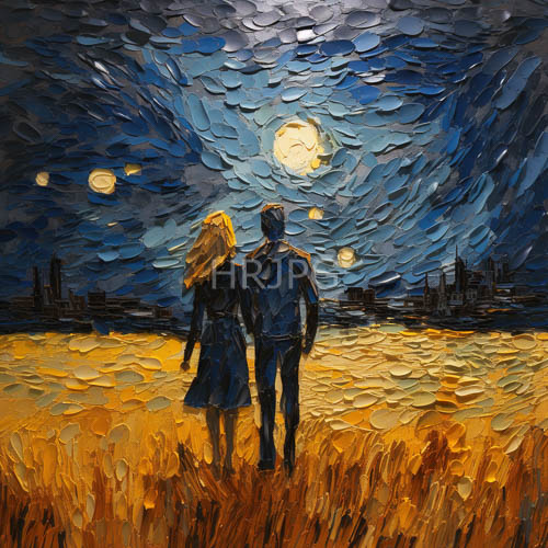 moonlit night sky illuminates two figures standing in unison against swirling blue and gray clouds