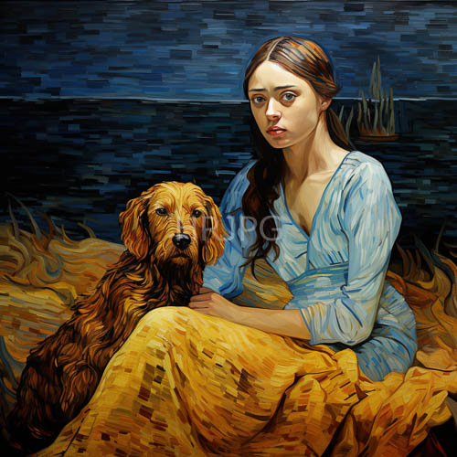 High Resolution: Ethereal woman in blue dress sits beside dark water under textured night sky download. | HRJPG.com