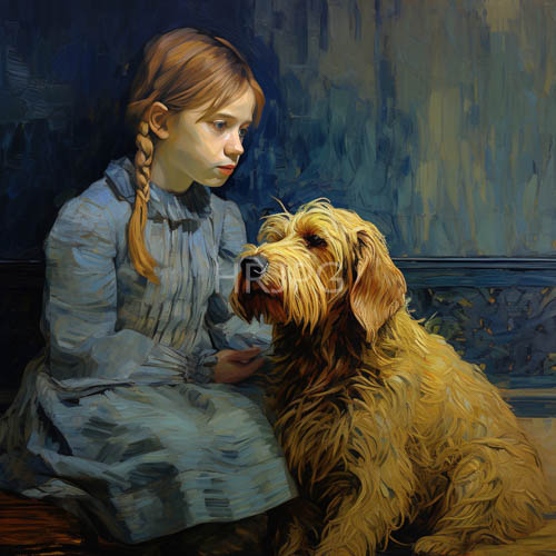 girls fingers brush against shaggy dogs face in dimly lit wooden room