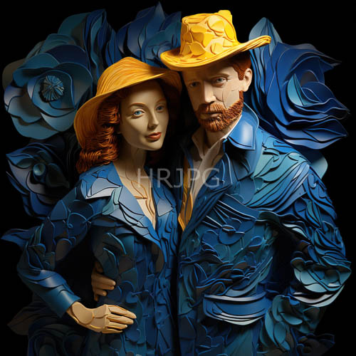 High Resolution: Androgynous couple presents in matching blue rosepatterned attire on ornate background download. | HRJPG.com