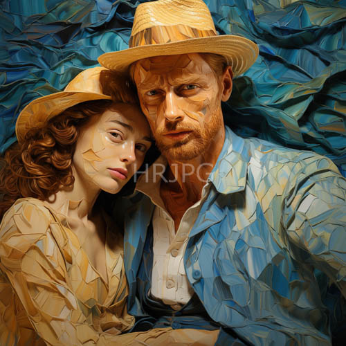 lowpoly style captures intimate couple amidst crumpled blue fabric