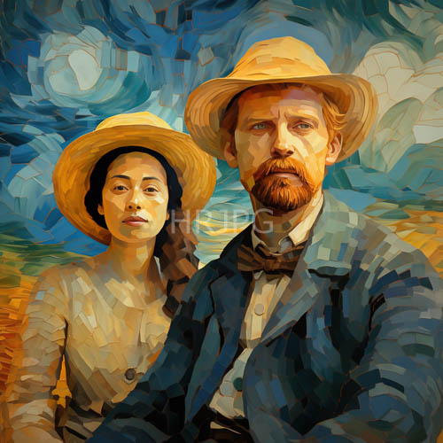 reimagined of adeline ravoux serious intellectual focus in blue jacket straw hat and textured brushstrokes