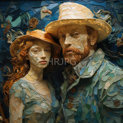 elderly couple with mosaicstyle skin tones amidst roses and formal attire in dark blue background
