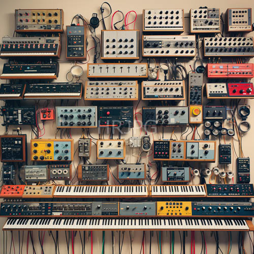 electronic music history unfolds on a kaleidoscopic wall of synthesizers and keyboards